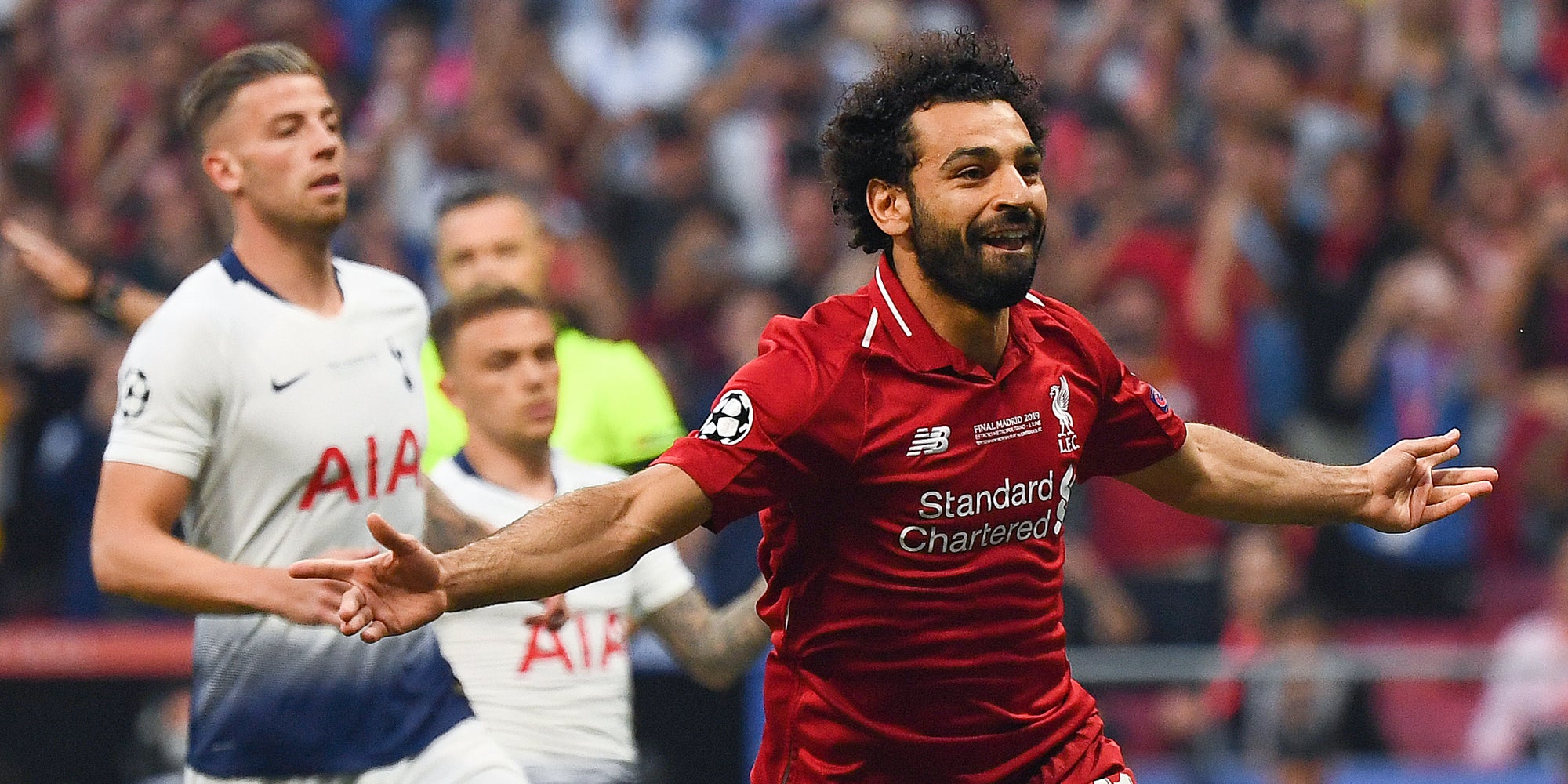 Mohamed Salah célèbre son but face à Tottenham en finale de Ligue des Champions, à Madrid, le 1er juin 2019.
