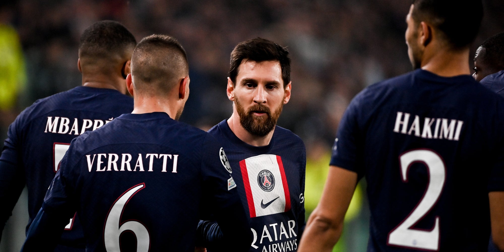 Lionel Messi et ses coéquipiers du PSG lors de leur dernier match de phase de poules en Ligue des Champions, face à la Juventus, à Turin, le 2 novembre 2022.