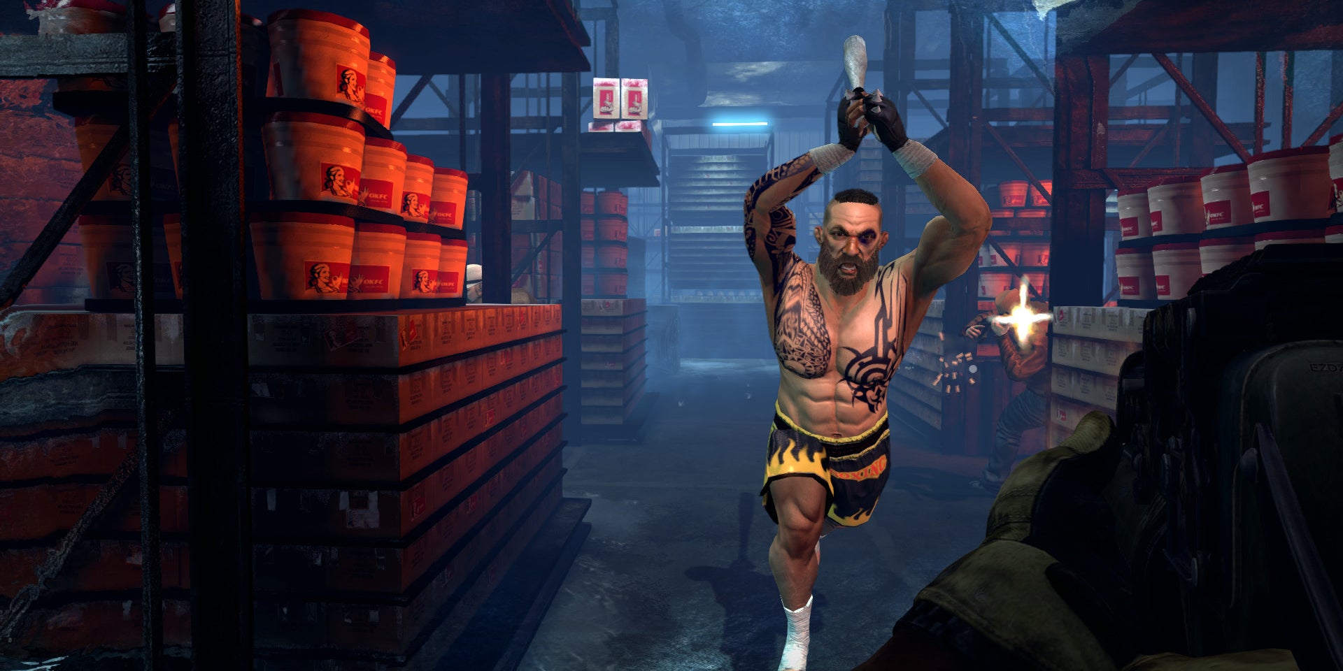 Un homme torse nu qui vous attaque avec une bouteille vide : rien d'inhabituel dans Blue Estate.