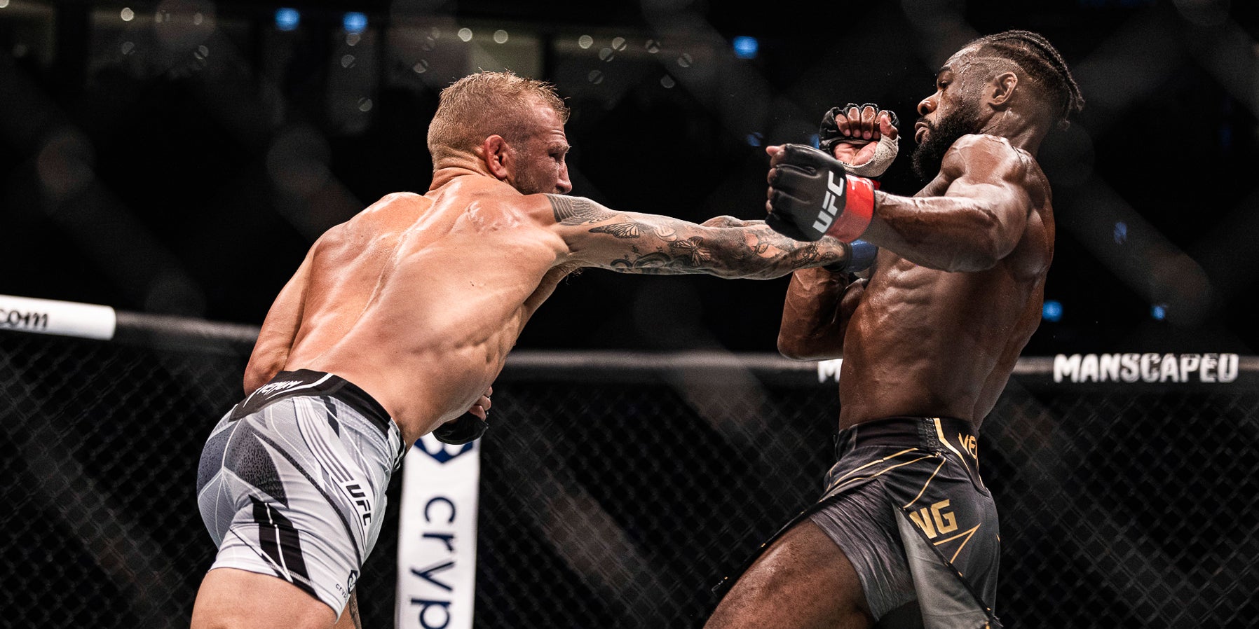 Aljamain Sterling (gants rouges) lors de son combat face à TJ Dillashaw lors de l'UFC 280 à Abou Dhabi (EAU), le 22 octobre 2022.