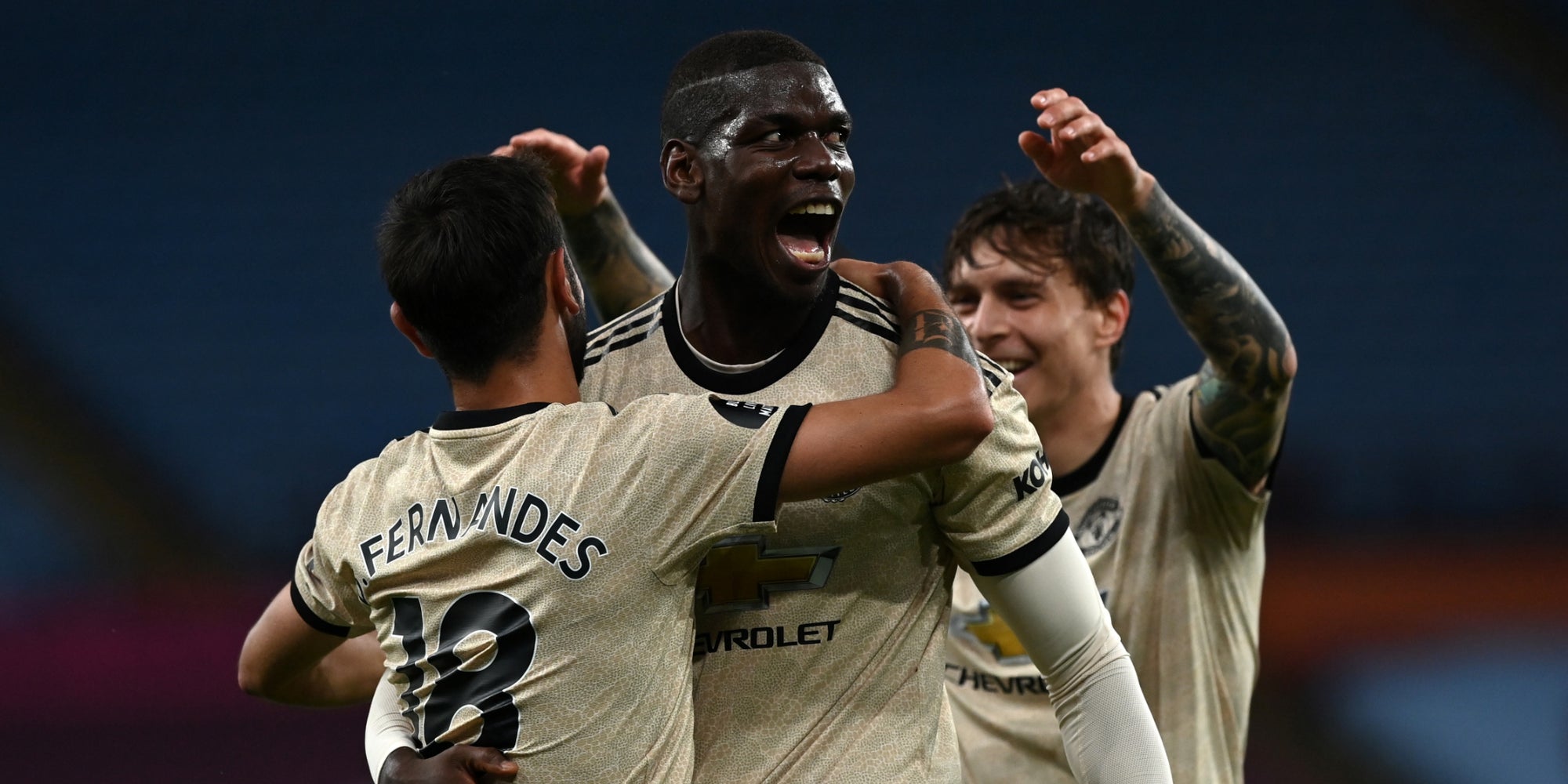 Paul Pogba, l'un des buteurs de Manchester United face à Aston Villa, en 34ème journée de Premier League à Birmingham, le 9 juillet 2020.