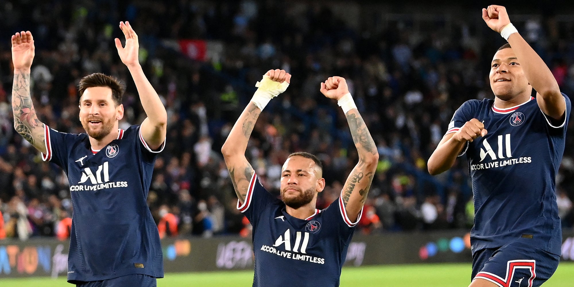 Messi, Neymar et Mbappé contre Manchester City en Ligue des Champions, le 28 septembre 2021 au Parc des Princes, Paris