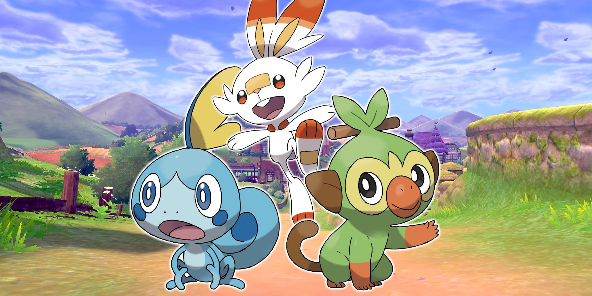 Larméléon, Flambino et Ouistempo, les trois Pokémon de départ dans Épée et Bouclier.