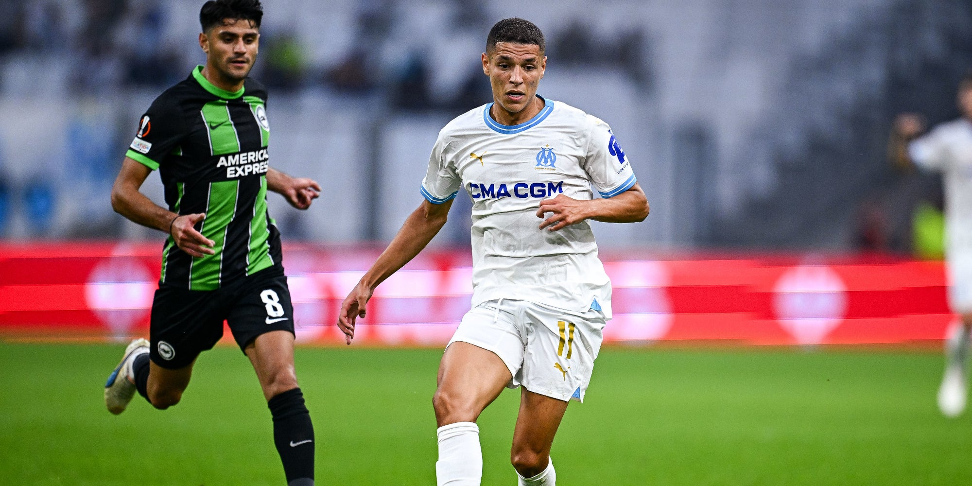 Amine Harit lors du match de Ligue Europa entre l'OM et Brighton, le 5 octobre dernier à l'Orange Vélodrome (Marseille).