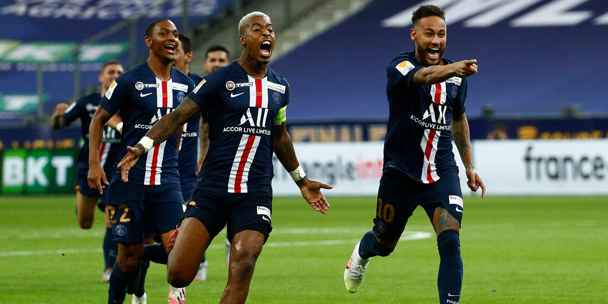 Les joueurs du PSG lors de leur victoire en Coupe de la Ligue contre Lyon, le 31 juillet 2020 au Stade de France, Saint-Denis.