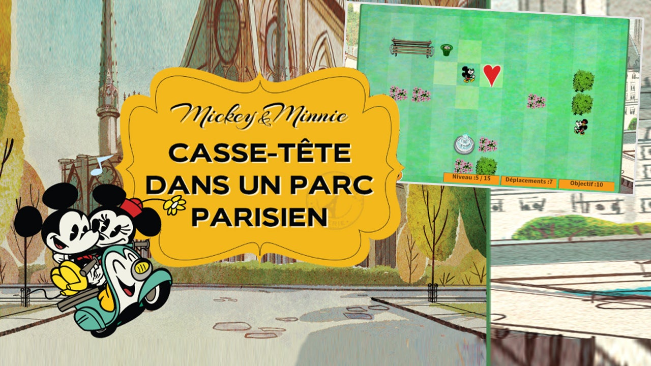 Aidez Mickey et Minnie à se retrouver dans la ville de l'amour dans le jeu "Mickey & Minnie: Casse-tête dans un parc parisien".