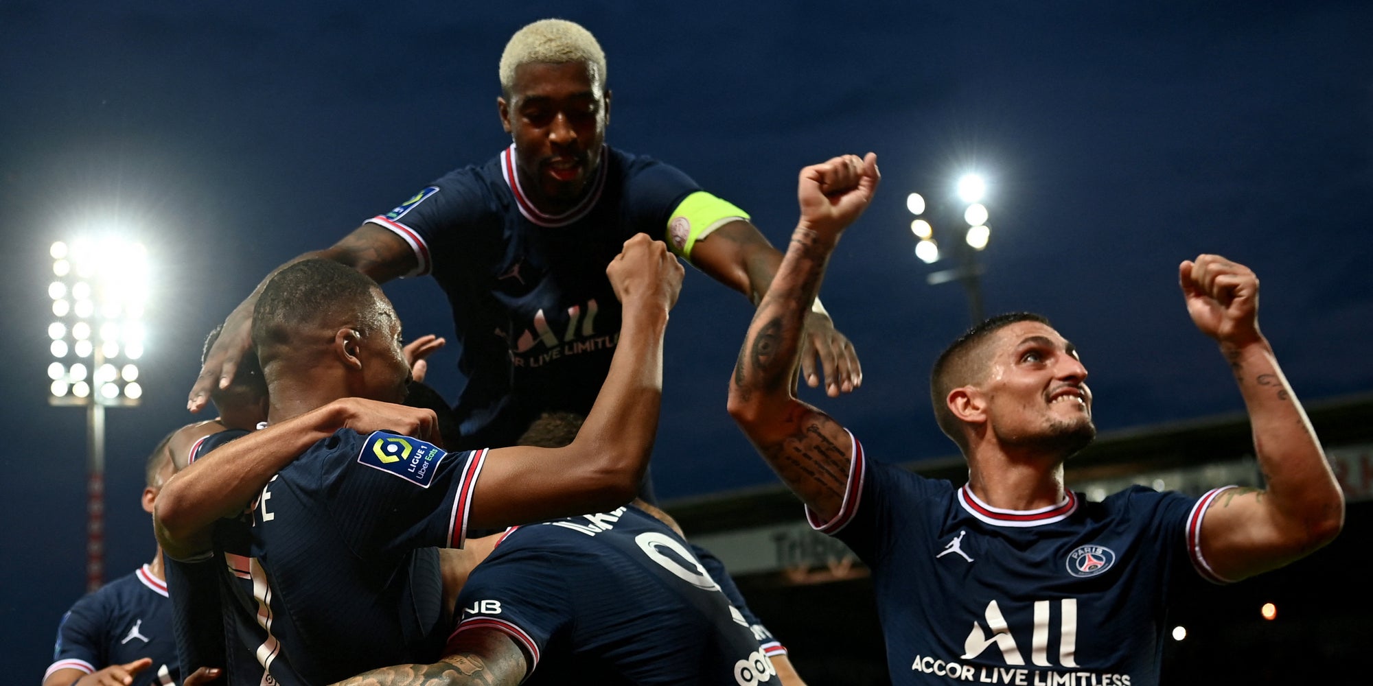 Les joueurs du PSG lors de leur victoire à Brest lors de la 3e journée de Ligue 1, le 20 août 2021