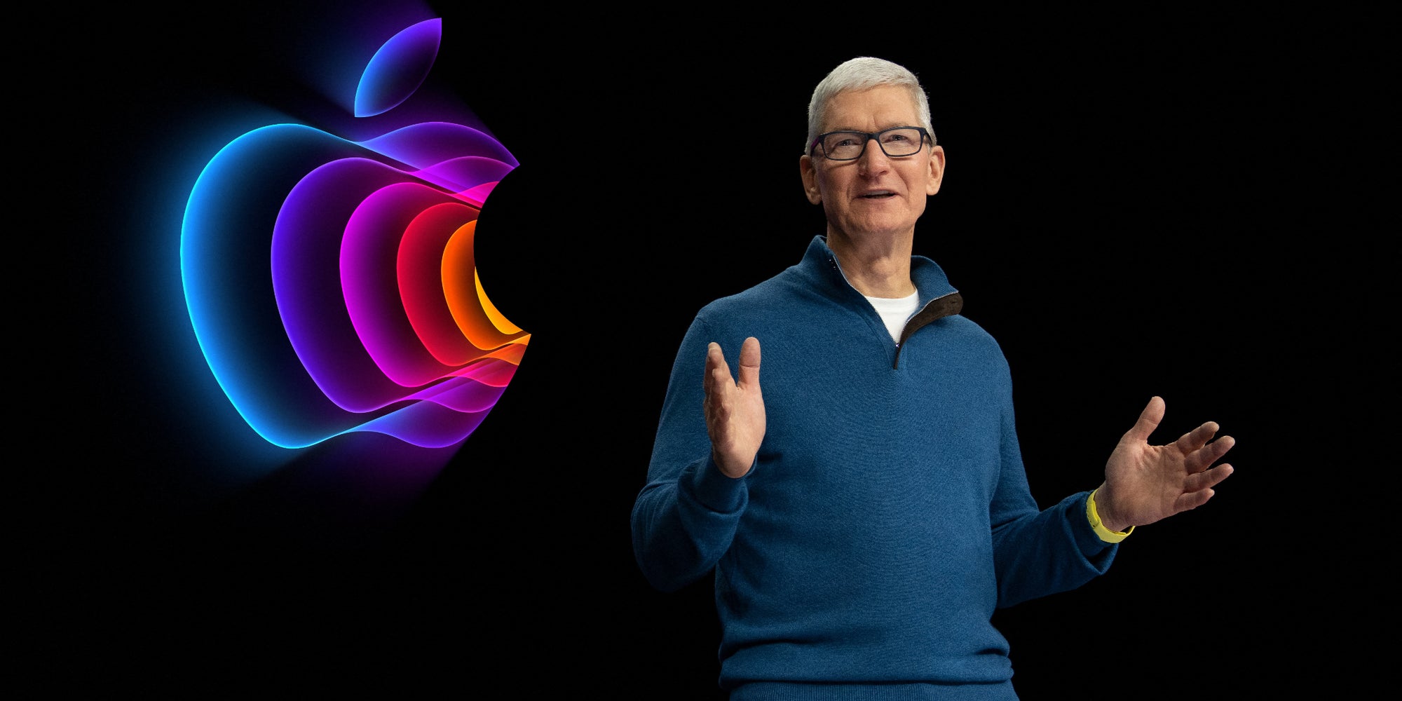 Tim Cook présente de nouveaux produits lors d'une Keynote organisée à l'Apple Park, à Cupertino (Californie) le 8 mars 2022.
