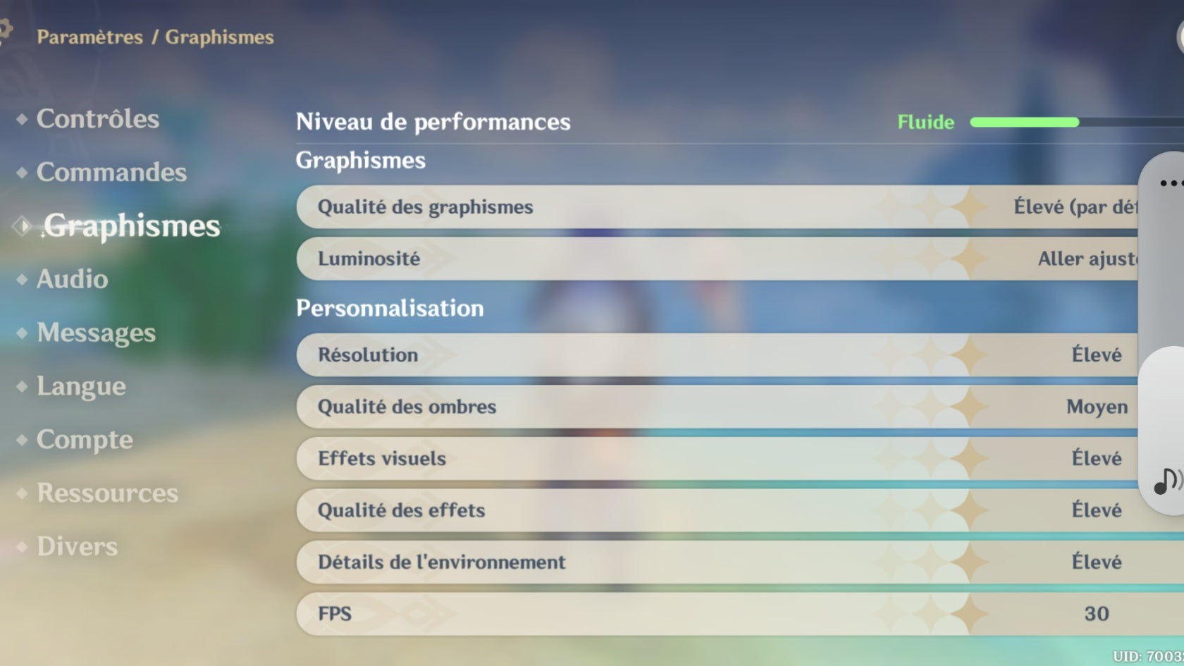 Sur "Genshin Impact", les paramètres sont élevés et les performances fluides.