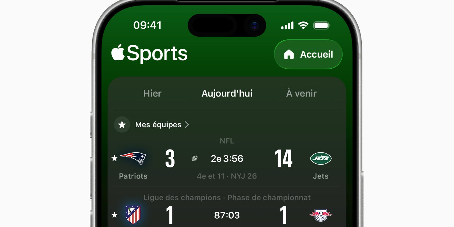 Découvrez Apple Sports, l’appli qui indique en temps réel les scores, les statistiques et bien plus encore.
