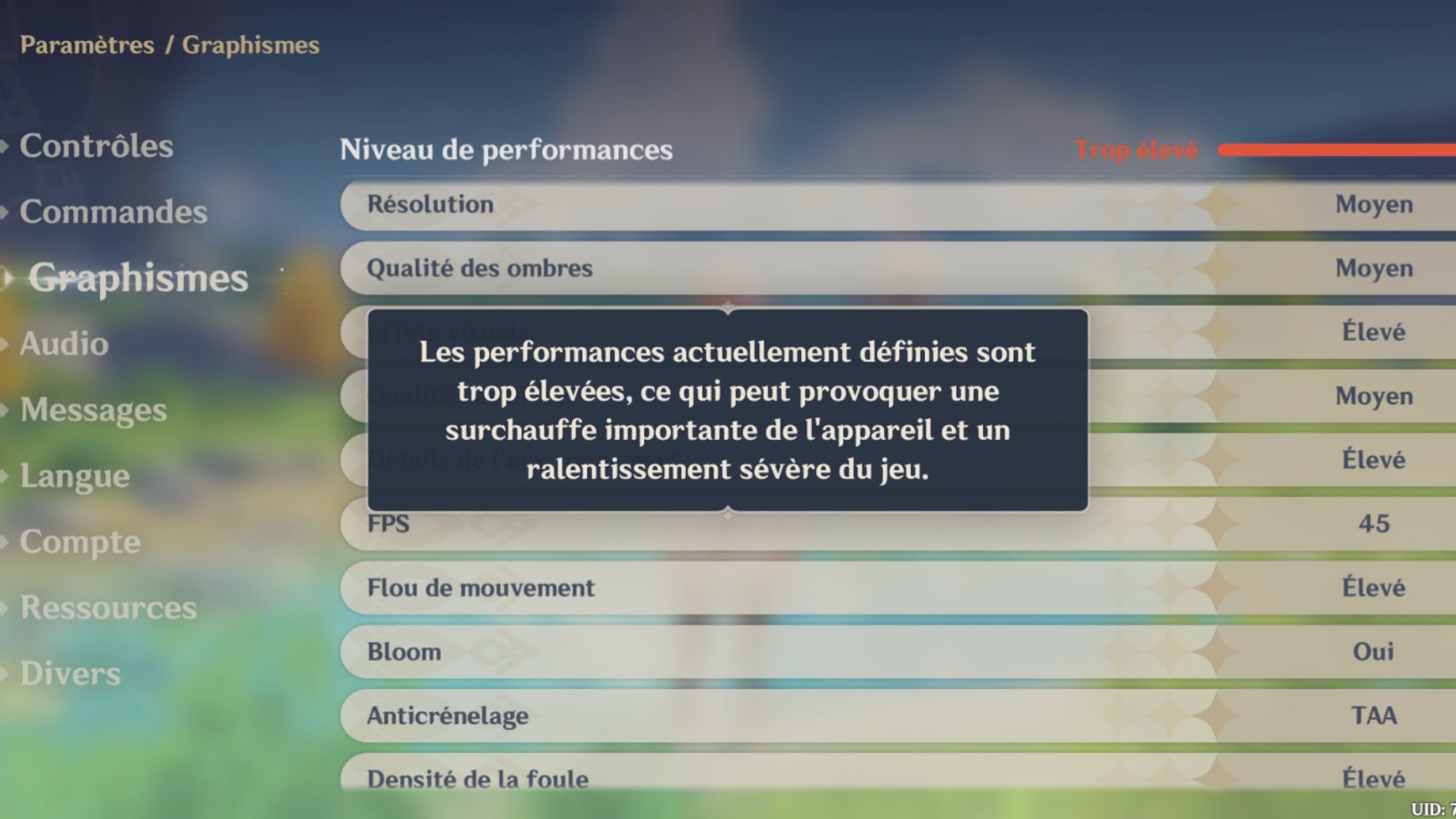 Le jeu nous indique bien que les paramètres à 45 FPS ne sont pas compatibles avec notre Google Pixel 8a