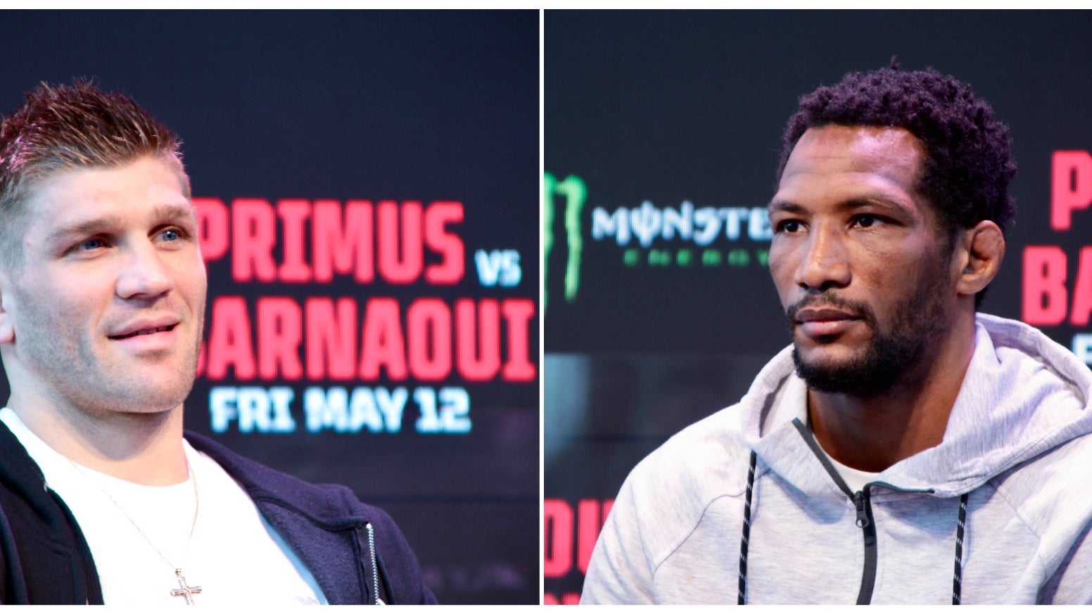 Brent Primus (à gauche) et Mansour Barnaoui (à droite) s'opposeront dans le co-main event du Bellator 296 à Paris.