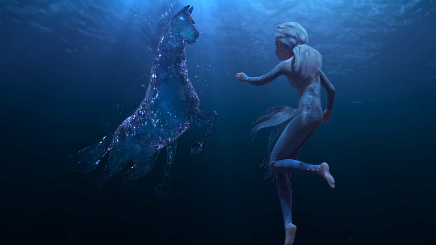 Elsa rencontre un Nokk, esprit de l'eau, dans La Reine des Neiges 2. Elsa rencontre un Nokk, esprit de l'eau, dans La Reine des Neiges 2.
