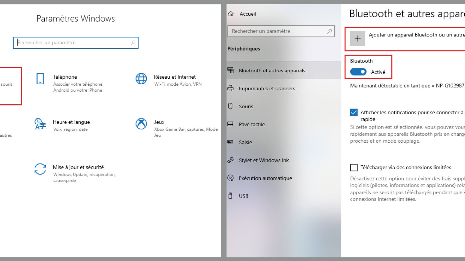 Dans la rubrique Périphériques, cliquez sur ''Ajoutez un appareil Bluetooth ou un autre appareil''