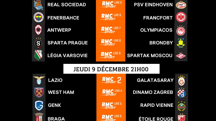 Le programme de la 6e journée de Ligue Europa 2021/22 sur RMC Sport