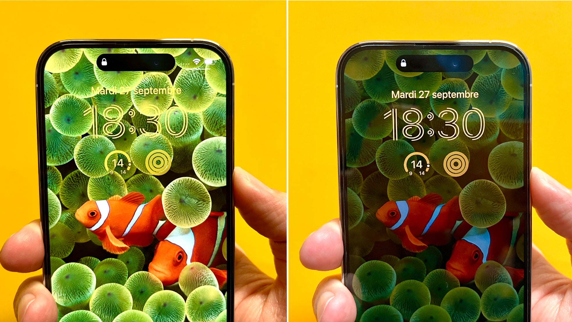En mode Always-On, l'écran de l'iPhone 14 Pro reste toujours allumé, seulement assombri lorsqu'il est en veille.