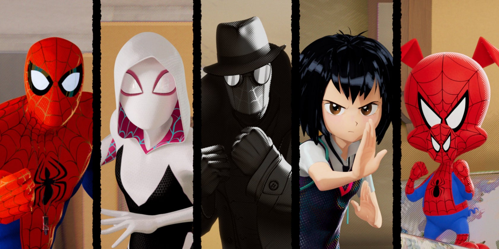 Les différentes versions de Spider-Man dans le film Spider-Man : New Generation.