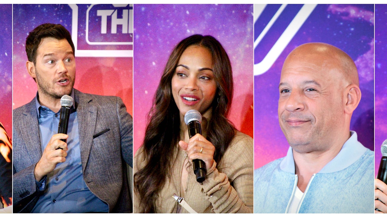 De gauche à droite : Karen Gillan (Nebula), Chris Pratt (Peter Quill alias Star-Lord), Zoe Saldaña (Gamora), Vin Diesel (Groot) et Pom Klementieff (Mantis).