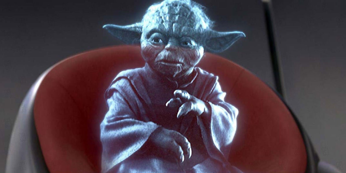 Maître Yoda sous la forme d’un hologramme, en plein haut conseil des Jedi, dans le film Star Wars : Episode III - La Revanche des Sith.