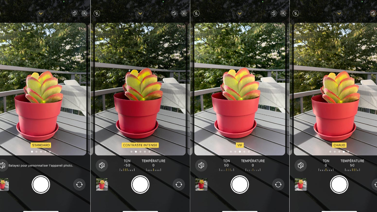 Vous verrez instantanément la différence entre le mode Standard et les Styles Photographiques "Contraste Intense", "Vif", "Chaud" et "Froid".