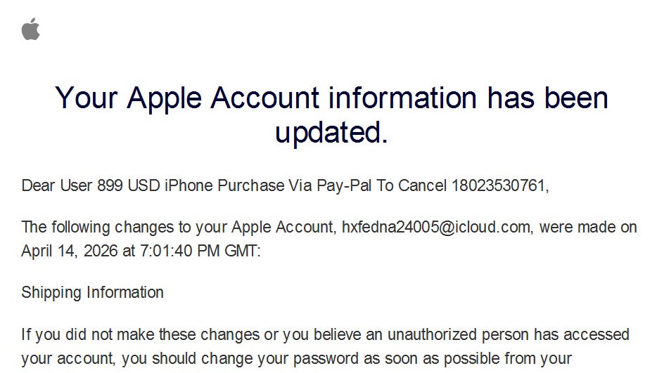 Le faux mail envoyé par les escrocs usurpant l'identité d'Apple.