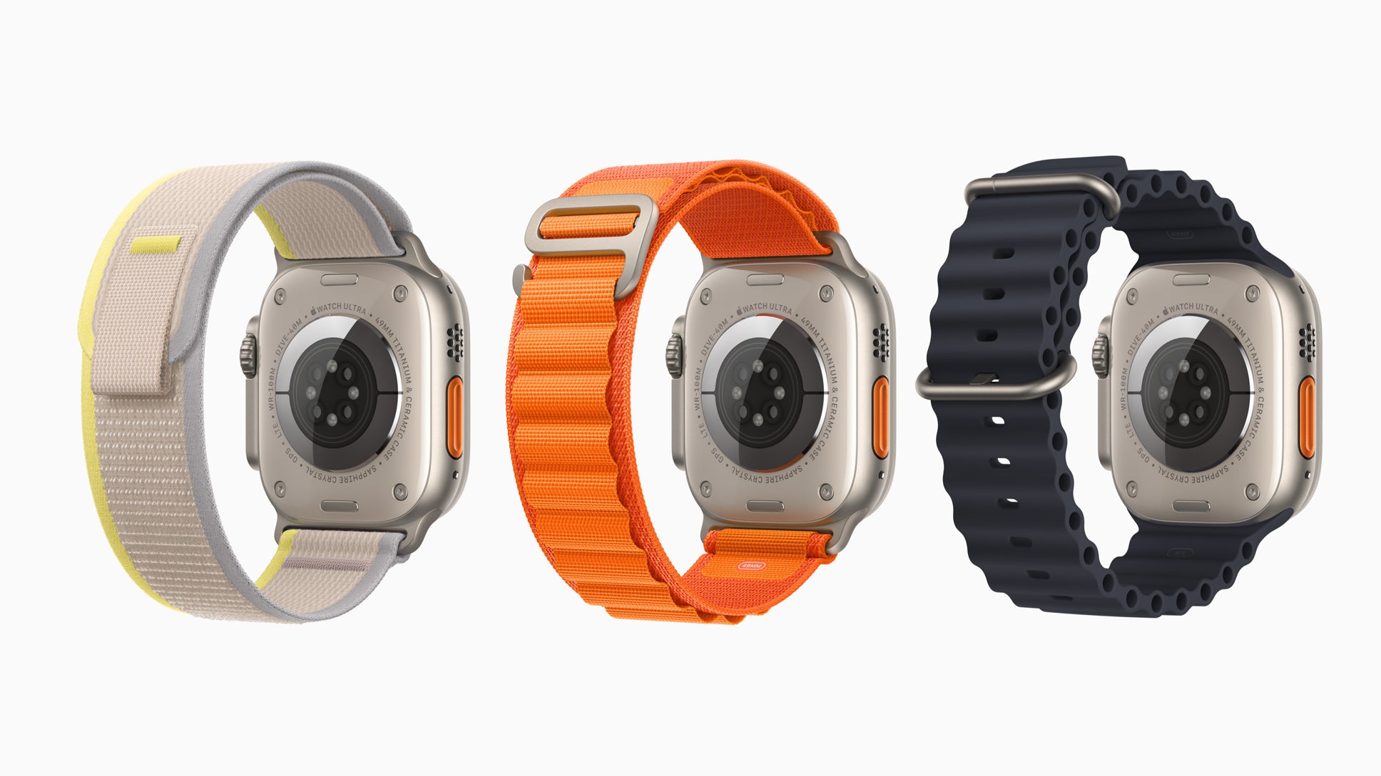 Au choix pour l'Apple Watch Ultra : une boucle Trail, adaptée plutôt aux sports d'endurance, une boucle Alpine, pour les conditions plus extrêmes, et une boucle Océan, conçue pour la plongée. Toutes étant évidemment disponibles dans différents coloris.