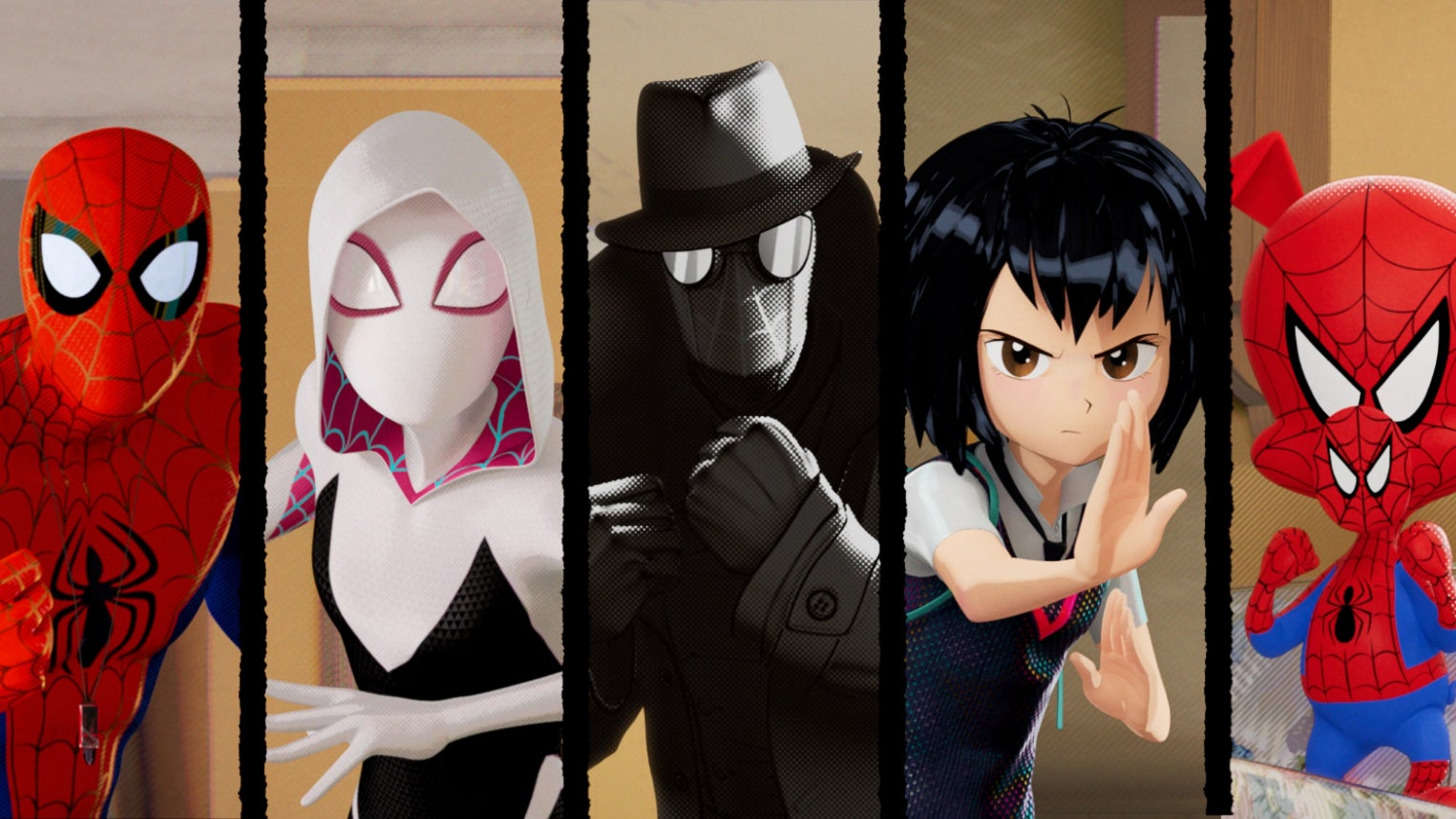 De gauche à droite, Miles Morales, Peter Parker, Spider-Gwen, Spider-Man Noir, Peni Parker et Peter Porker, les protagonistes du film Spider-Man : New Generation. De gauche à droite, Miles Morales, Peter Parker, Spider-Gwen, Spider-Man Noir, Peni Parker et Peter Porker, les protagonistes du film Spider-Man : New Generation.