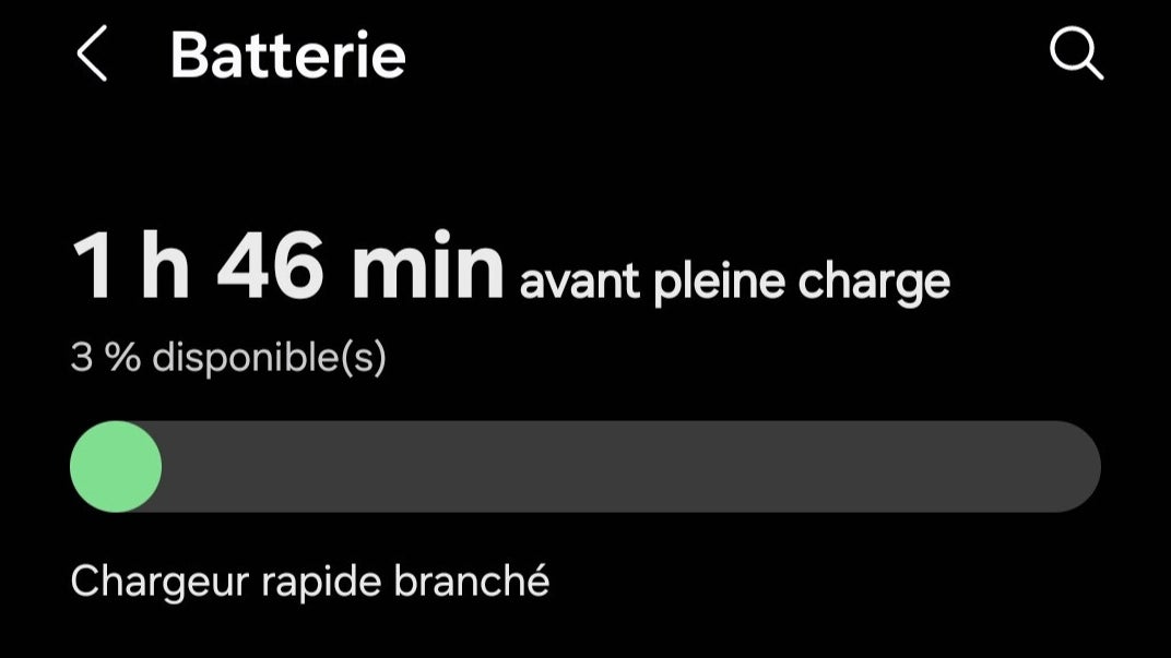 1h46 précisément a été nécessaire pour charger quasi complétement le Samsung Galaxy S24 FE.