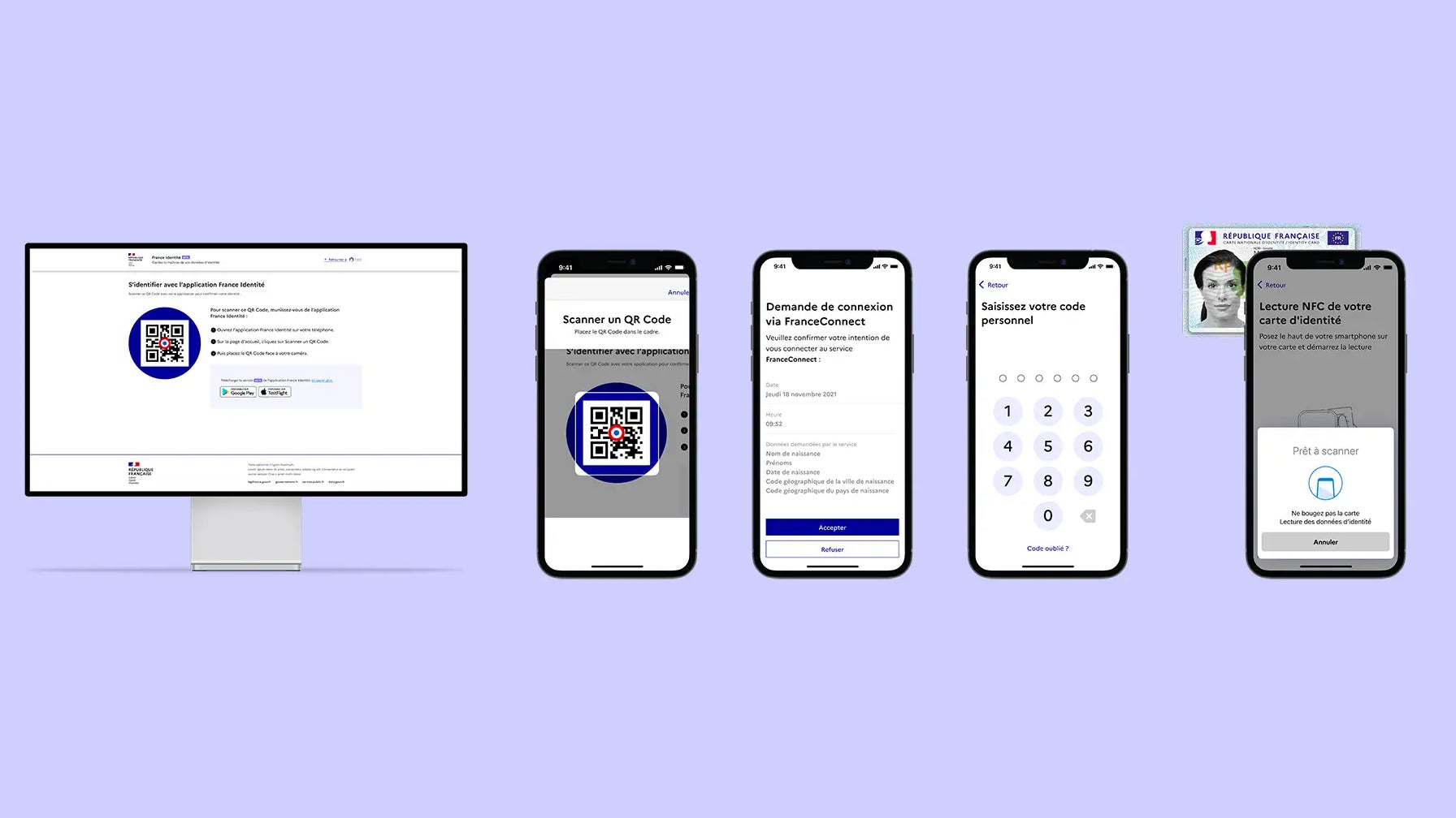 Voici les étapes de connexion à France Connect, via un QR Code, sur l'application France Identité.