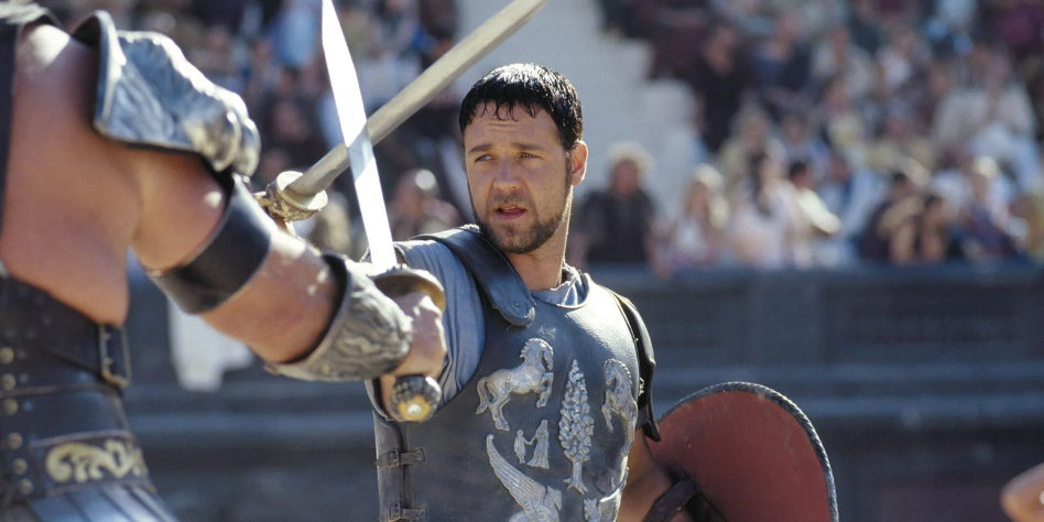 Russell Crowe incarnant Maximus Decimus dans ''Gladiator''.