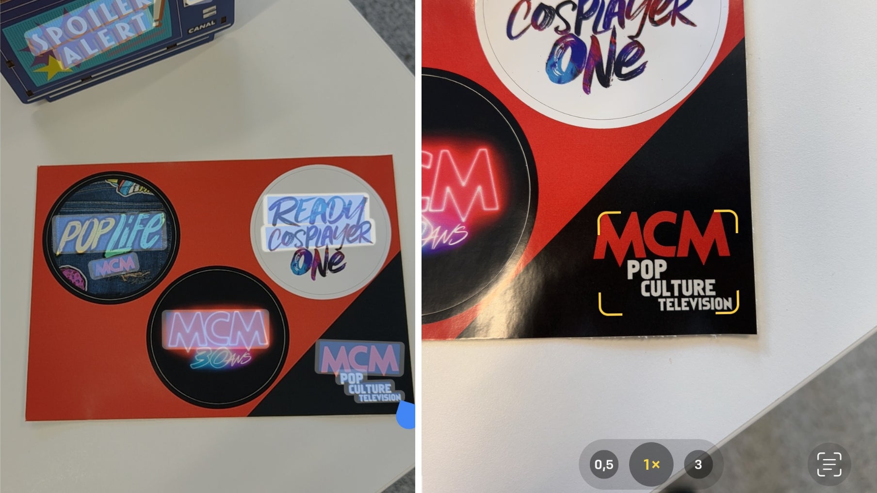 À gauche : Google Lens a surligné toutes les écritures qui apparaissent à l'image. À droite : Live Text a eu beaucoup plus de mal, ne reconnaissant finalement que l'écriture la plus "lambda"...