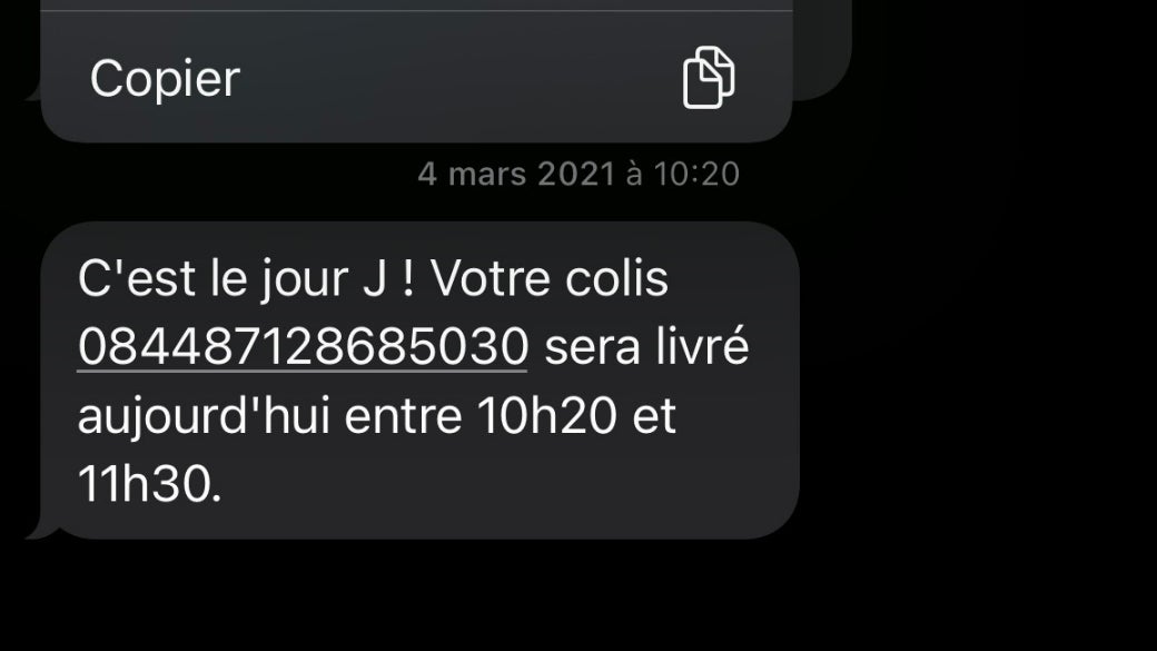 Deux options s'offrent à vous quand vous cliquez sur votre numéro de suivi via Messages sur iPhone