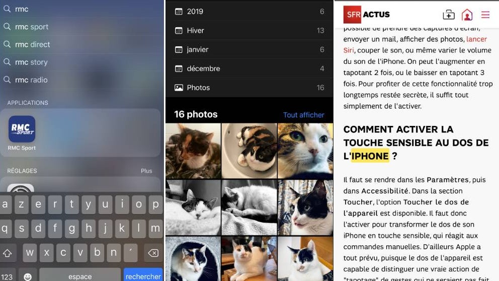 Les outils de recherche, de gauche à droite : d'applications depuis l'écran d'accueil, dans Photos, et sur Safari.