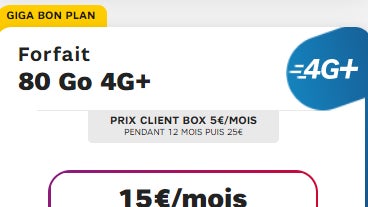 Forfait 80 Go 4G+ à partir de 5 euros par mois. Forfait 80 Go 4G+ à partir de 5 euros par mois.