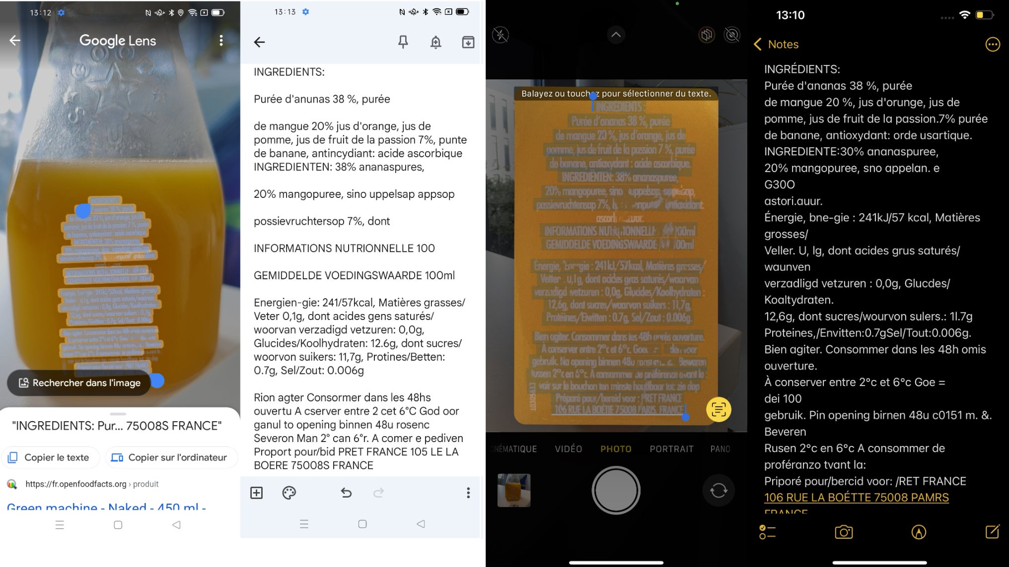 Exemple de retranscriptions sur une même étiquette : l'application Google Lens à gauche (sur fond blanc), Live Text à droite (sur fond noir).